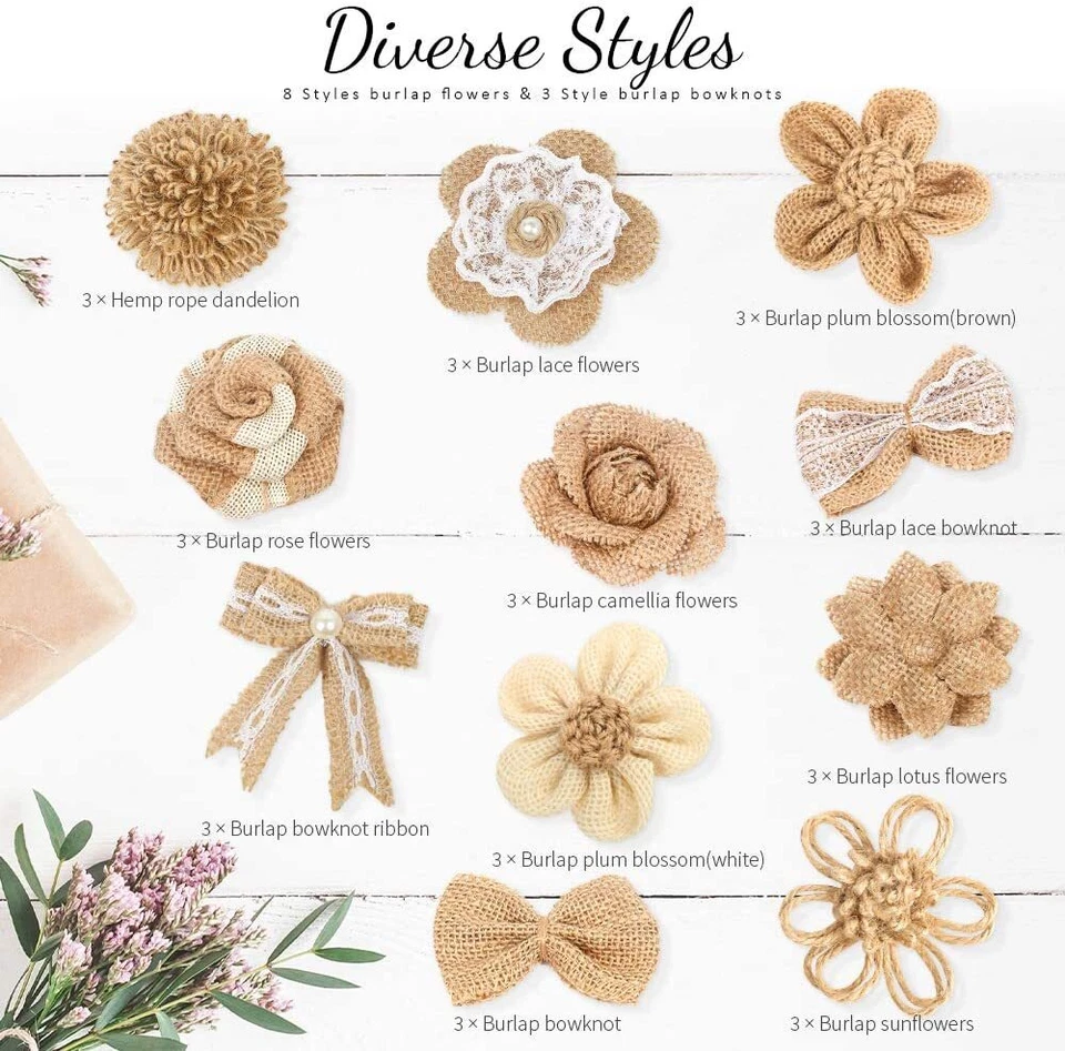 Juego de 33 piezas de flores de arpillera de arpillera hechas a mano para fiesta de Navidad boda hogar manualidades hágalo usted mismo Foto 4 de 4