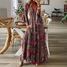 Hot Selling Women's Fashion Print Dresses Floral Boho Maxi Flare Sleevedress New
