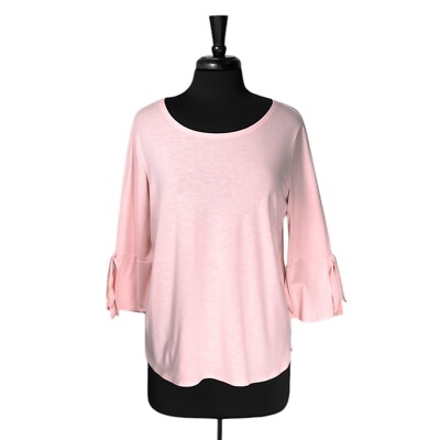 Clara Sun Woo Womens L Pink Stretch Blouse 3/4 Bell Sleeve Made USA NWT