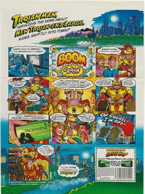 Vintage Print Ad Trojan Enz-Large - Trojan Man Comic Strip - Apr 1991 11''x8''