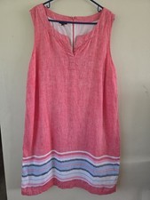 Talbots Shift Dress Womens 18 Coral Pink Linen Striped Hem Split Neck Vacation 