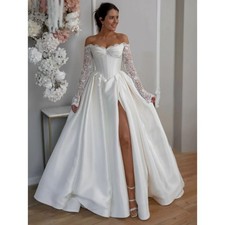 Sequined Long Sleeves Embroidery Wedding Dress Satin Lady Bride Gowns Customized
