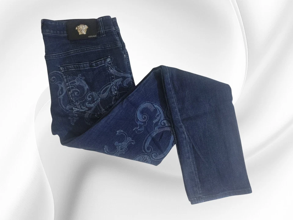 Versace Jeans Men S/32 US Blue Jacquard Baroque Patterned Cotton A76165S - Imagen 2 de 4