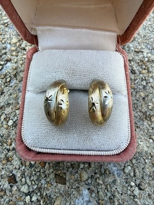 Vintage 10k Two Tone Gold Double Diamond Cut Satin Finish Half .7  Hoop Earrings