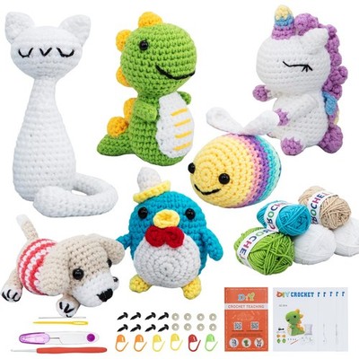 6 PCS Crochet Animal Kit For Beginners Knitting Set Yarn Hook Video Guide Kids