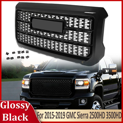 For GMC Sierra 2500HD 3500HD Denali 2015-2019 Front Bumper Grille Gloss Black