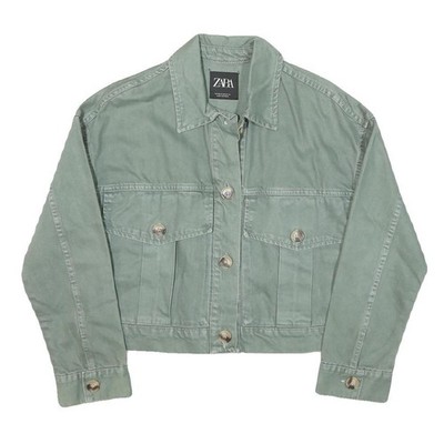 ZARA Damen Jacke grün Baumwollmischung mit Knöpfen XS lässig klassischer Stil