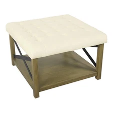 HomePop Traditional Wood and Fabric Tufted Ottoman with Storage in Cream