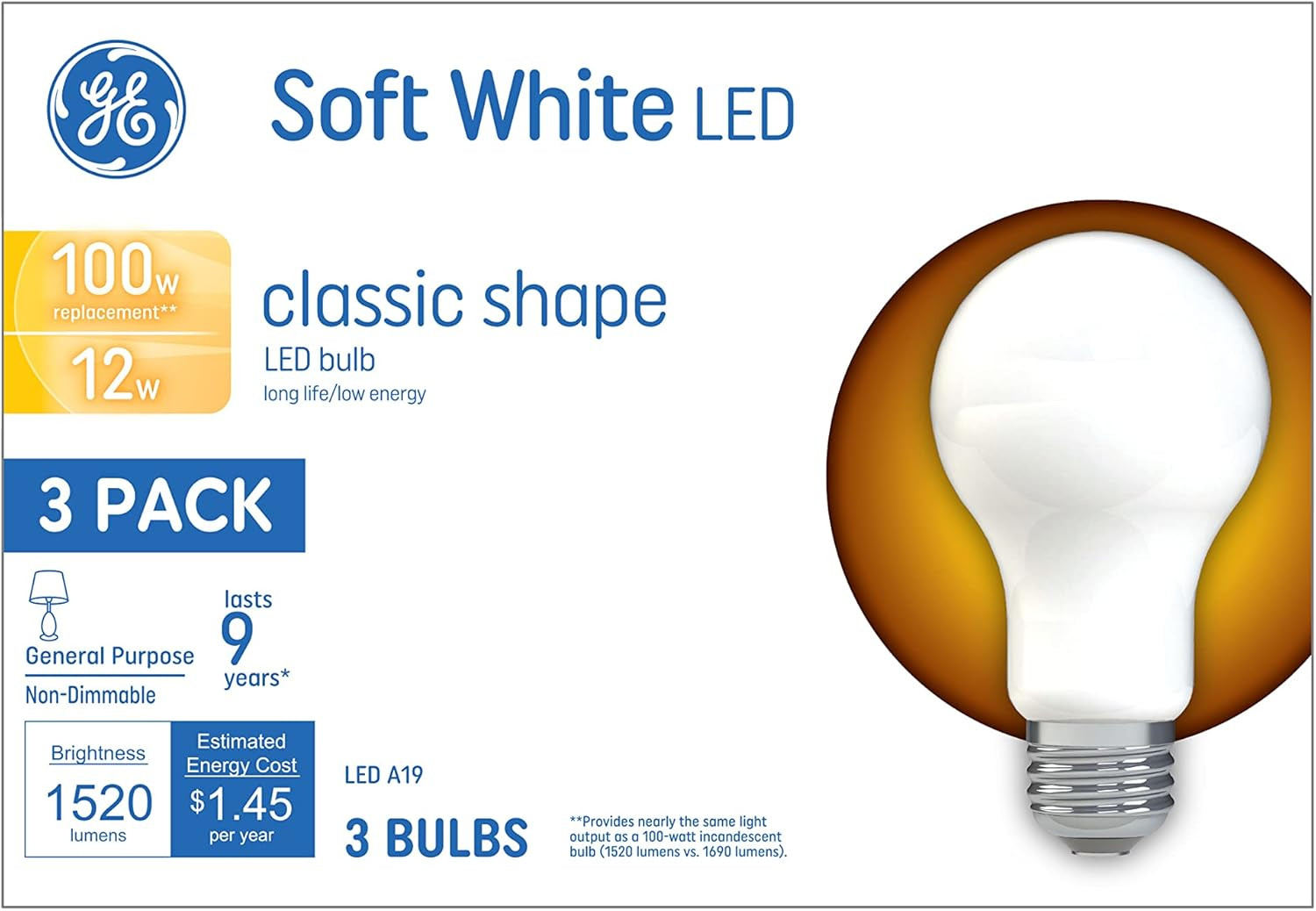 GE LED Light Bulbs, 100 Watt, Soft White, A19 3 Count (Pack 