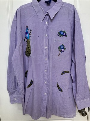 Las Olas 3X Purple Striped Embroidered Peacock Button Down Shirt Blouse