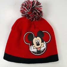 Disney Beanie Hat Boys Toddler Red Black Mickey Mouse Pom Pom Knit Acrylic