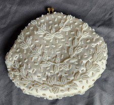 Vintage Beaded Clutch Purse Gold Kiss Lock Opening Satin Lining White Hong Kong