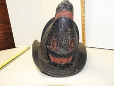 Antique Fireman's Leather Helmet W/Horse Drawn Steam Engine Motif Firefighting