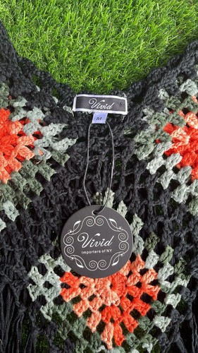 Vivid Womens Size Medium Crochet Fringe Tank Hippie Boho Festival Black Orange - Picture 5 of 7