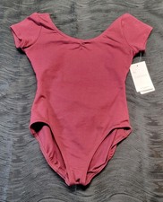 Capezio Burgundy Cap Sleeves Ruched Scoop Neckline Criss-cross Back Sz LC