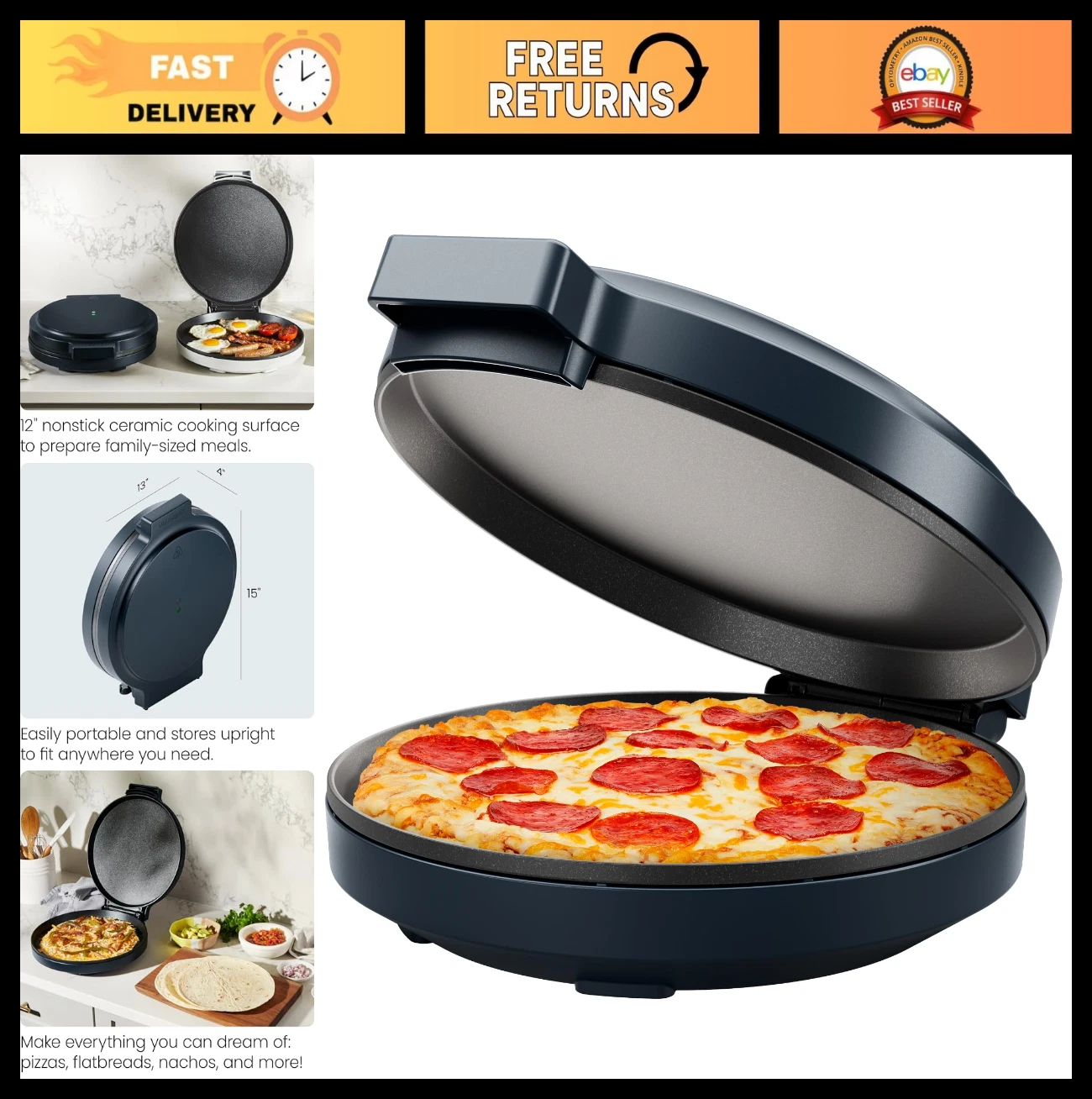 Countertop Electric Pizza Maker 1440W - 12” Nonstick Plates, Quesadillas & Omele