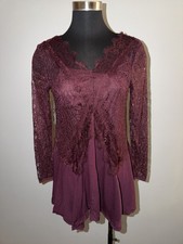 Vintage America Sz Small Burgundy Lace Long Sleeve Dress, Tunic Romantic Flowy