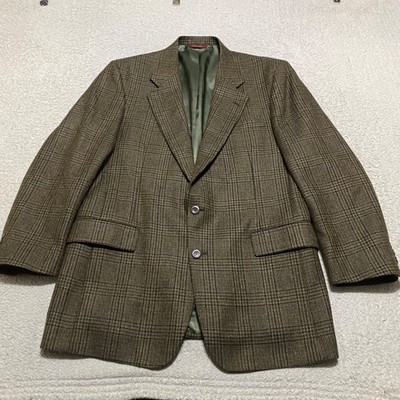 Jos A. Bank Mens 44L Blazer Brown Plaid Check Wool Alpaca Lined Two Button