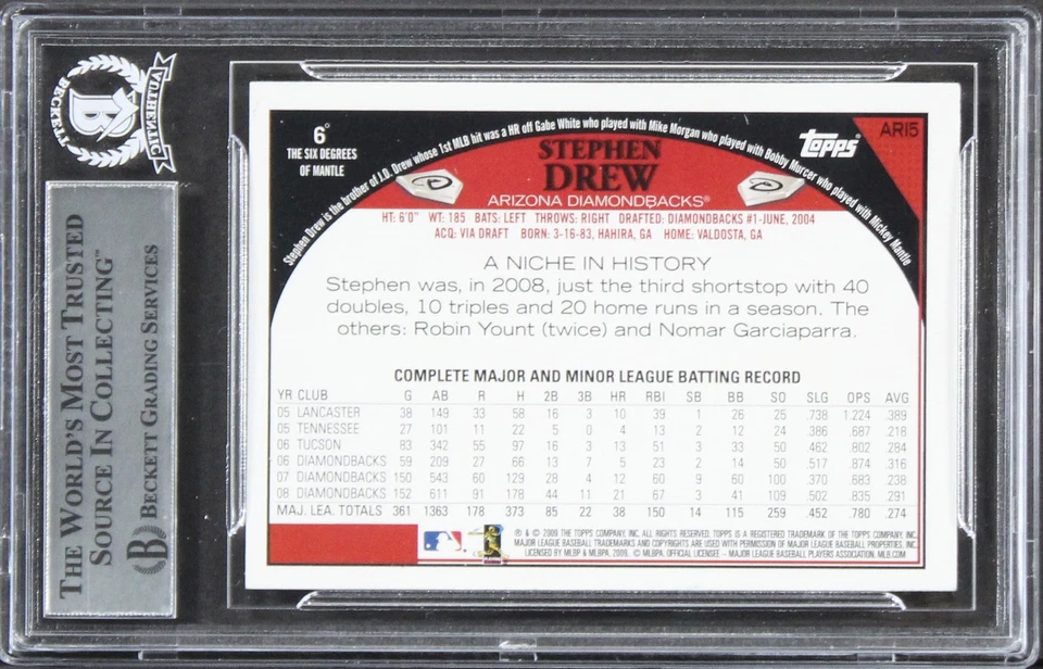 Diamondbacks Stephen Drew 正品签名 2009 Topps #ARI5 卡 BAS Slabbed — 第 2/2 张图片