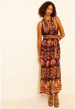 FARM Rio Floral Maxi Dress S Burgundy/Pink Halter Sleeveless Tie Beaded Tassel