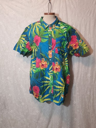 Empyre Surplus Mens Hawaiian Shirt Size Large Blue Green Yellow Floral Button Up - Picture 2 of 7