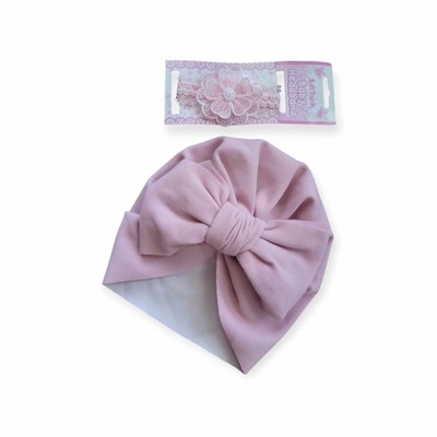 Baby Set Turban-Mütze+Stirnband Erstaustattung Geschenkset Taufe Geburt Rosa
