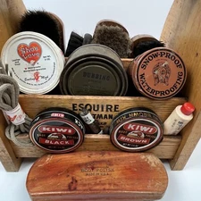 Esquire Footman Deluxe Shoe Valet Wood Box Plus Brushes Polish Laces