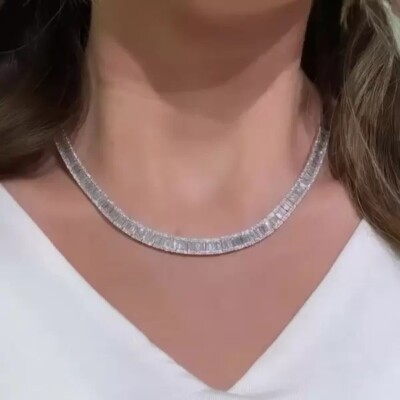 40 Ctw Created Emerald & Round Cut Diamond 14k White Gold Plated Tennis Necklace