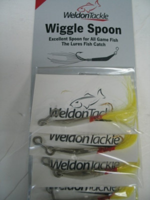 NEW 1 Dozen Weldon Tackle Wiggle Spoon Lures 1 1/2'' Silver Spoon/Yellow Tail