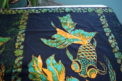 3228  2 yds hand made batik, probably from Indonesia, large fat goldfish on blac