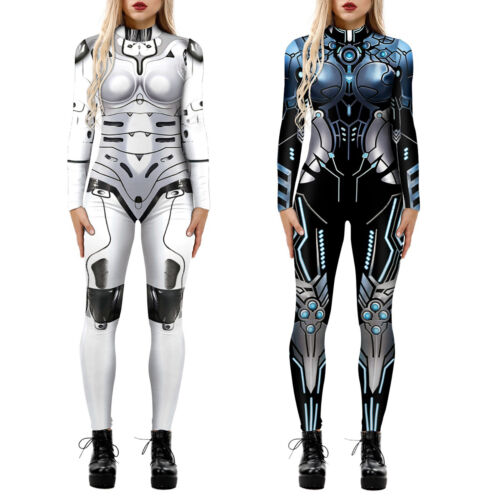 Women Robot Print Bodysuit Long Sleeve Skinny Catsuit Jumpsuit Halloween Costume - Picture 1 of 22