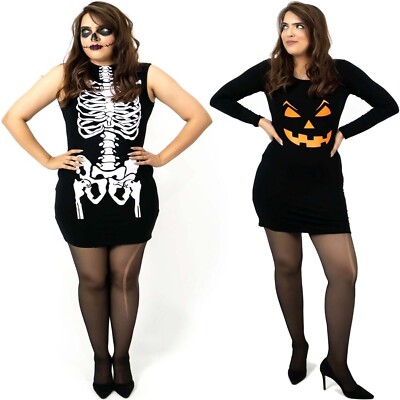 Damen Halloween Skelett Knochen Kürbis Bodycon Kleid leuchtet im Dunkeln Kostüm