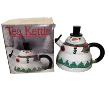 Snowman Teapot Kettle 3 QT Porcelain Enamel On Steel Vintage Roshco Christmas