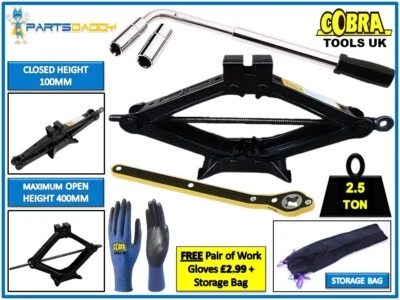 COBRA TOOLS 2.5 Ton Tonne Wind Up Scissor Jack + Extendable Wheel Brace Socket Wrench Car UK