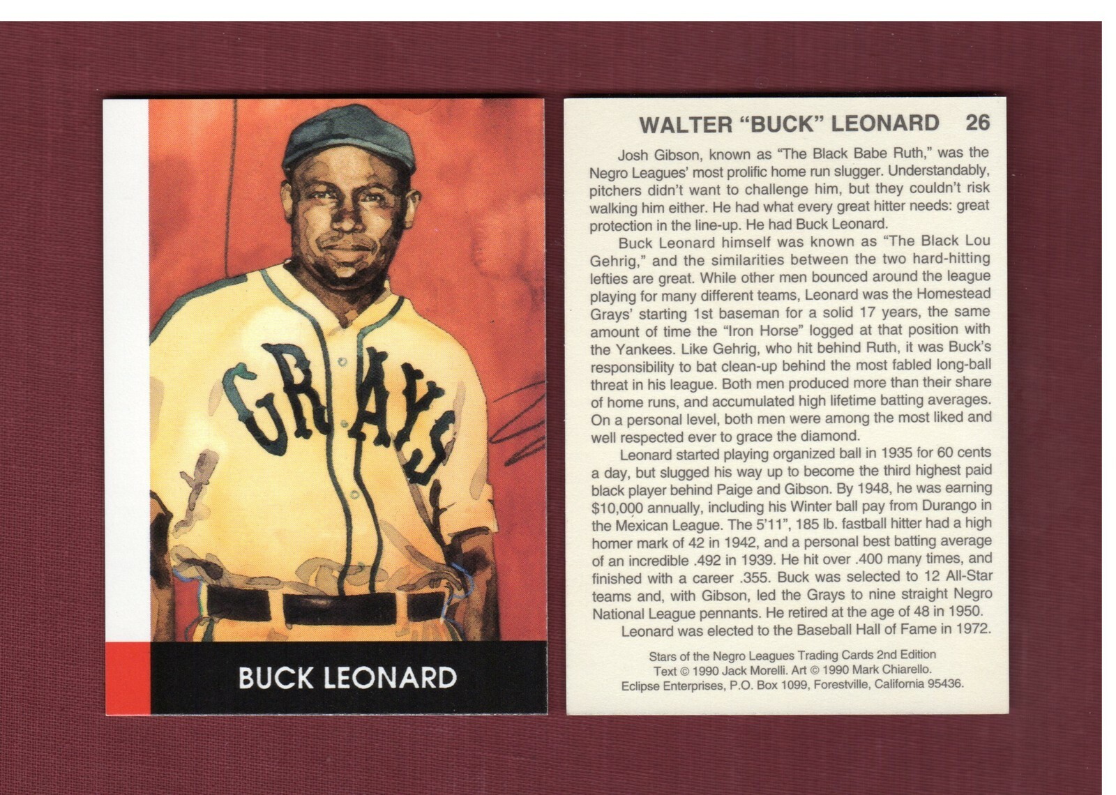Buck Leonard #26 Baseball Cards 1990 Eclipse Stars of the Negro Leagues trading card — raw and PSA graded price guide