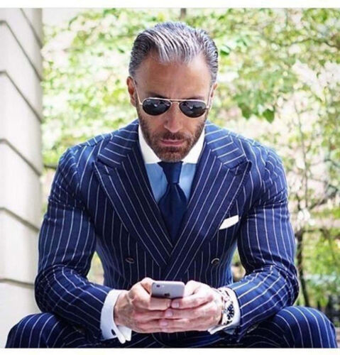 Herren blau Streifen Anzüge stilvolle Designer Hochzeit Bräutigam Abendessen Anzüge (Mantel + Hose)