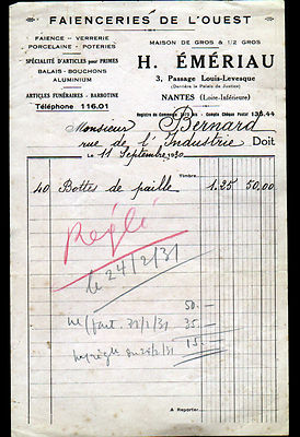 NANTES (44) STEINGUT GLAS PORZELLAN, STEINGUT des Westens ''H. Emeriau'' 1930