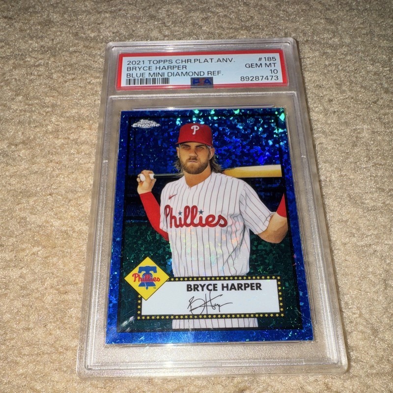 Topps 2021 Chrome Platinum Bryce Harper Blue Mini-Diamond /199 PSA 10 #185 Pop 4