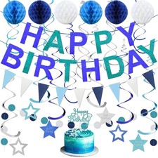 Birthday Decorations Pre-Strung Happy Birthday Banner for Boys Girls Blue Bir...