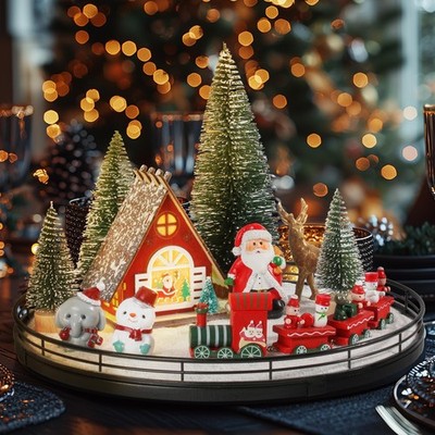 12 Pcs Christmas Village Set - 13'' Oak Wooden Lazy Susan with Santa Train, Ho...
