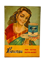 Vintage Kusum Vanaspati Ghee Werbe-Blechschild Indische Frau Kalkutta 14x10