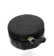 Jewelry Trinket Case Travel Leather w Suede Interior 3" Round Zipper Croc BLACK