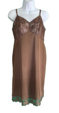 Vtg Van Raalte Chocolate Brown Nylon Full Slip Dress Lace Hem Fairy Grunge Sz 36
