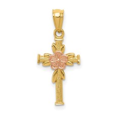 Children's 14k Yellow  Rose Gold Flower Cross Pendant, 10 x 23mm