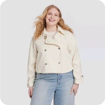 Women's Denim Cropped Trench Jacket - Universal Thread Off-White XXL: