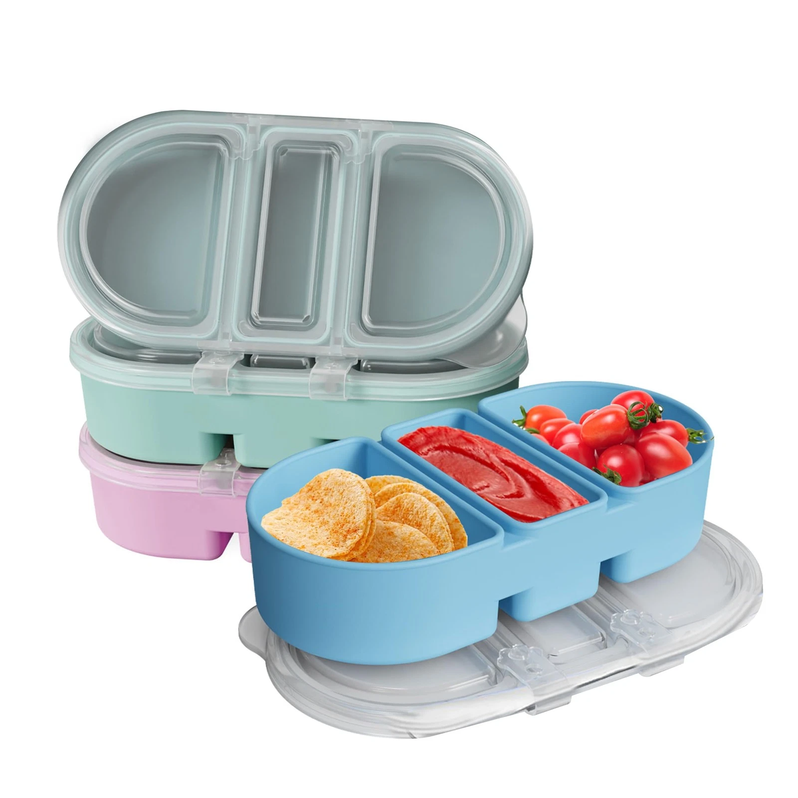 Silicone Snack Containers 3 Compartments Reusable Snackle with Lids Pack Port...