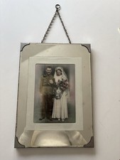 Vintage Mirror Frame with Coloured Photo of Wartime Married SoldierCouple 1940s