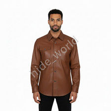 Formal Men's Shirt Biker Handmade Brown Stylish Casual Leather Real Lambskin Fit