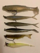 (6) lures. megabass magdraft 6", NLBN 4", jaw dropper, 3 beast coast jigminnows