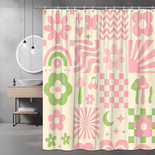 Cute Pink and Green Floral Shower Curtain for Kids Bathroom Decor